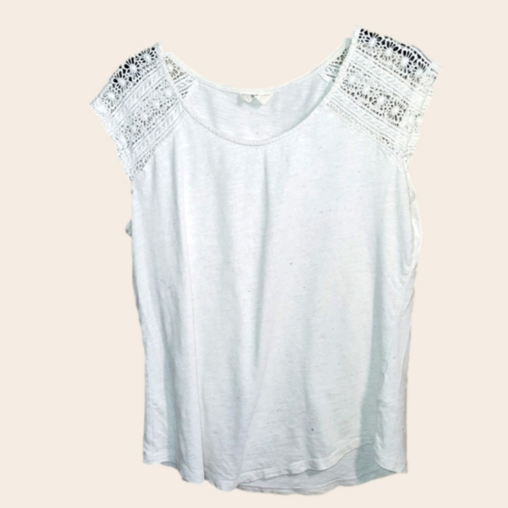 Bleu gray white floral eyelet sholder inlay small cotton summer sleeveless top